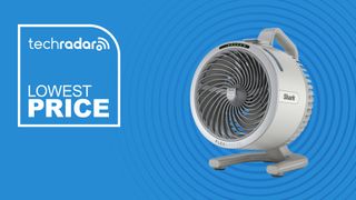 The light grey Shark FlexBreeze HydroGo is pictured against a blue background. There's a white badge to its left which reads "tech radar lowest price".