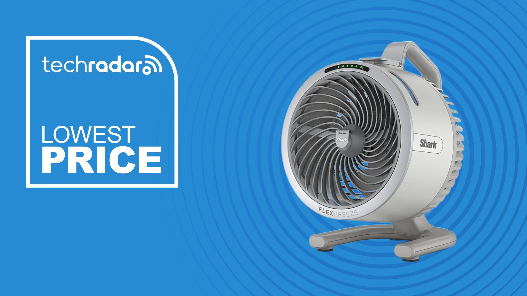 The light grey Shark FlexBreeze HydroGo is pictured against a blue background. There&#039;s a white badge to its left which reads &quot;tech radar lowest price&quot;.