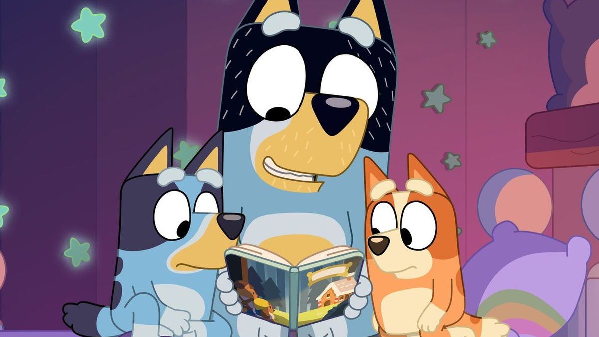 Bandit reading to his kids on Bluey