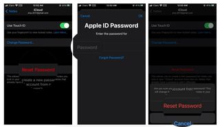 How to reset your Notes password: Tap Reset Password. Enter your Apple ID password and tap on OK. Tap on Rewset Password to confirm.