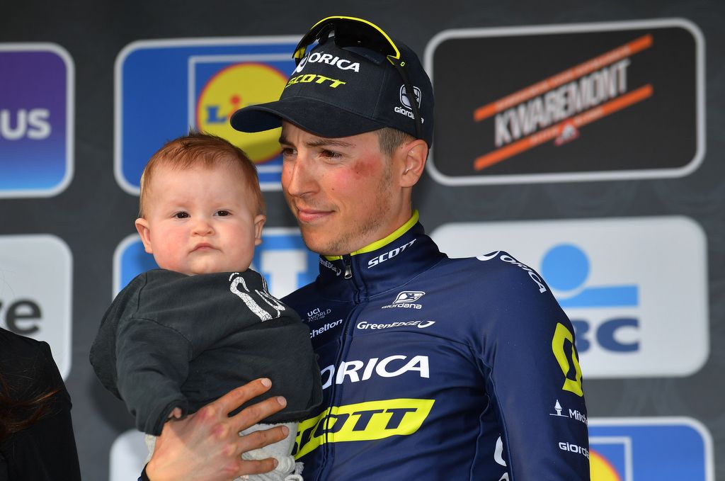 Jens Keukeleire with his son Lou on the Gent-Wevelgem podium
