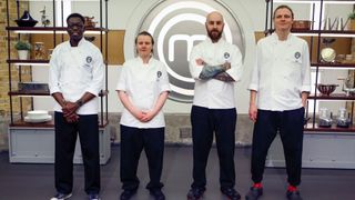 Philippe, Verity, Dan, Dimi (L-R) in the kitchen for MasterChef: The Professionals 2023