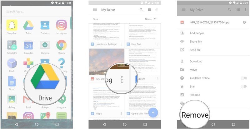 Launch Google Drive, tap the more button on a file, tap Remove