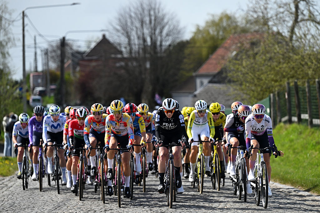 OUDENAARDE, BELGIUM - APRIL 05: (L-R) Elena Cecchini of Italy and Team SD Worx - Protime, Vittoria Guazzini of Italy and Team FDJ United - SUEZ and Brodie Chapman of Australia and UAE Team ADQ lead the peloton during the 23rd Tour of Flanders 2026 - Ronde van Vlaandere - Women's Elite a 164.1km one day race from Oudenaarde to Oudenaarde / #UCIWWT / on April 05, 2026 in Oudenaarde, Belgium. (Photo by Luc Claessen/Getty Images)