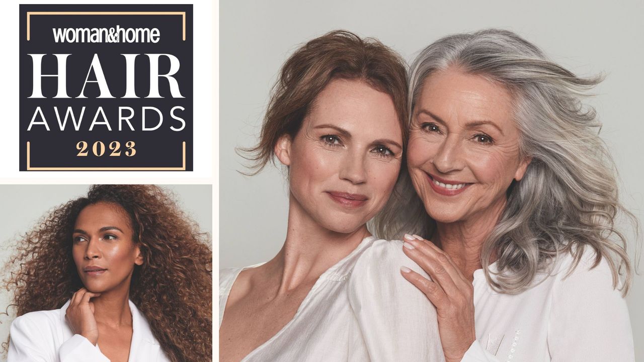 Three models and the awards logo to show the winners of the 2023 woman&amp;home hair awards