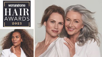 Three models and the awards logo to show the winners of the 2023 woman&home hair awards