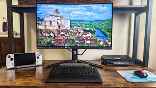 Lenovo Legion R27fc-30 on desk with monitor as high up as it can go.