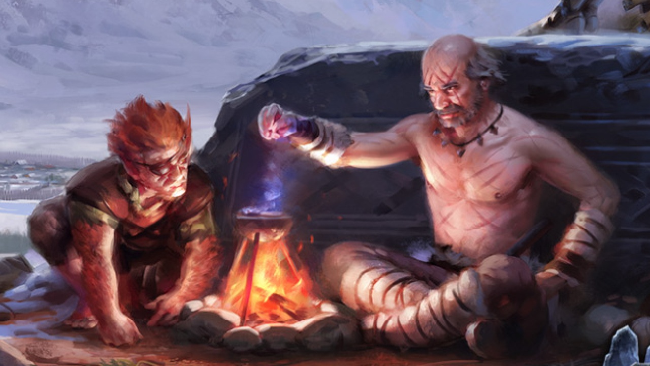 Pillars Zahua next to Orlan with eyepatch at campfire.