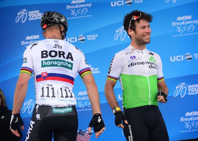 Slovakian road race champion Peter Sagan (Bora-Hansgrohe) and Dimension Data's Mark Cavendish share a joke at sign-on ahead of stage 6 of the 2019 Tour of California