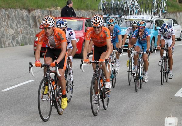 A group of eight chasing riders led by the Euskaltel - Euskadi team on the climb to Alpe d'Huez.