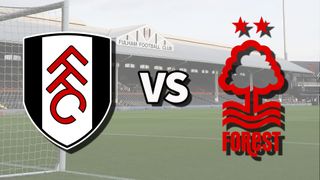 The Fulham and Nottingham Forest club badges on top of a photo of Craven Cottage in London, England