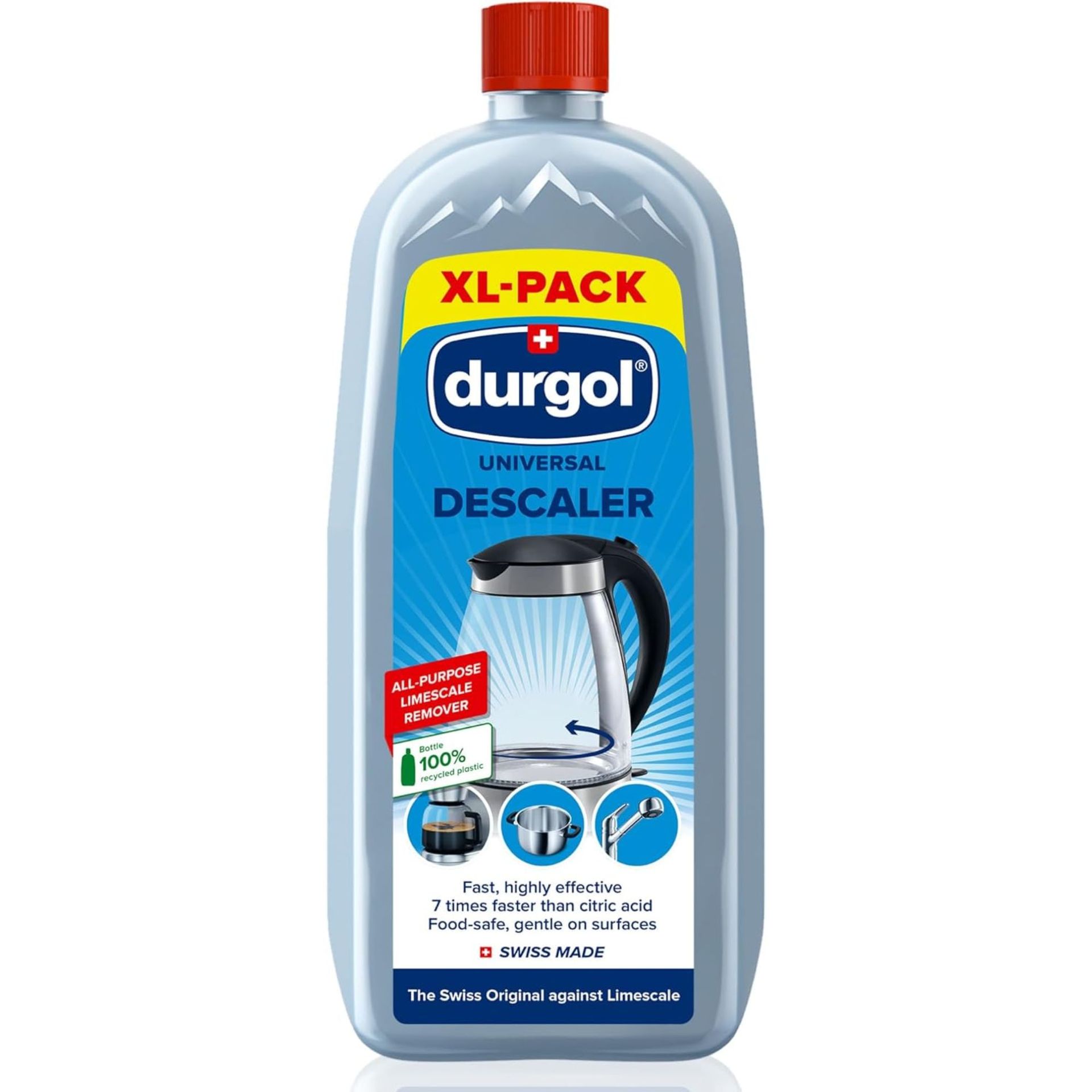 A large bottle of universal descaler with a blue label showing a silver and clear plastic electric kettle, with a red lid.