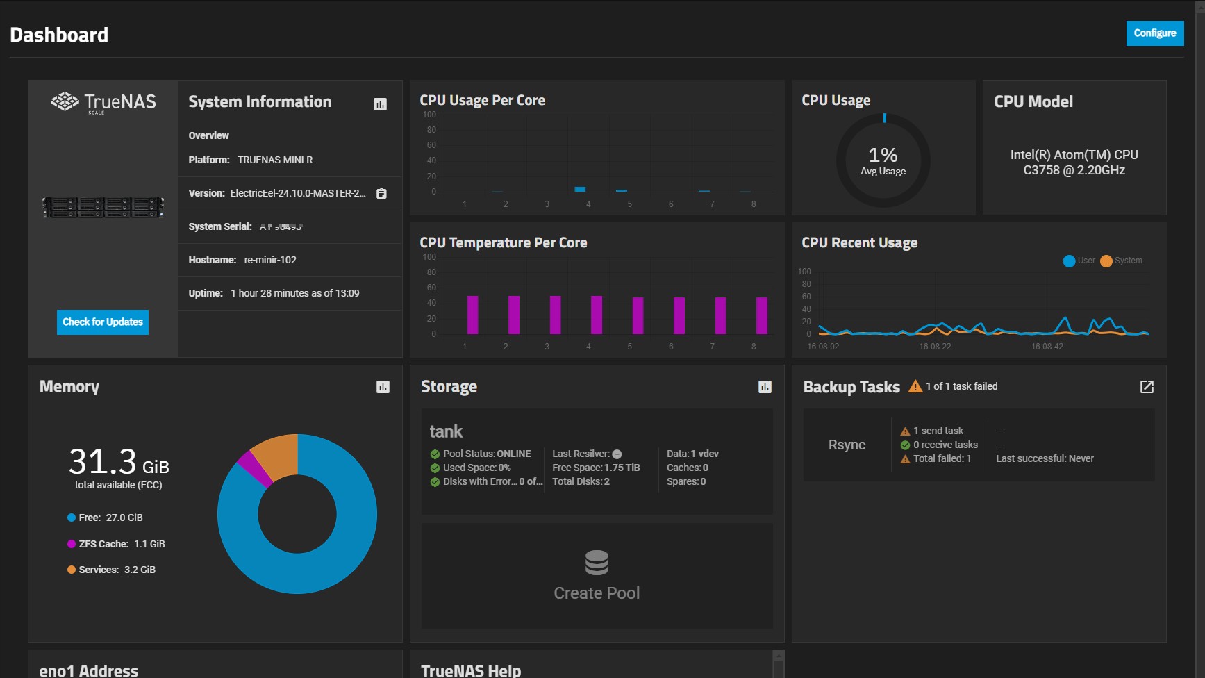 A screenshot of the TrueNAS dashboard.