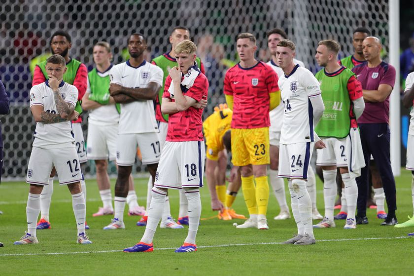 BERLIN, GERMANY - JULY 14: (LR) Kieran Trippier of England Ivan Toney of England Anthony Gordon of England Joe Gomez of England and Cole Palmer of England disappointed after they lose after the UEFA EURO 2024 final match between Spain and England at Olympiastadion on July 14, 2024 in Berlin, Germany. (Photo by Jürgen Fromme - firo sportphoto/Getty Images)