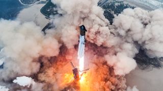 aerial view of a huge rocket launching from a seaside pad, creating a giant cloud of exhaust and dust
