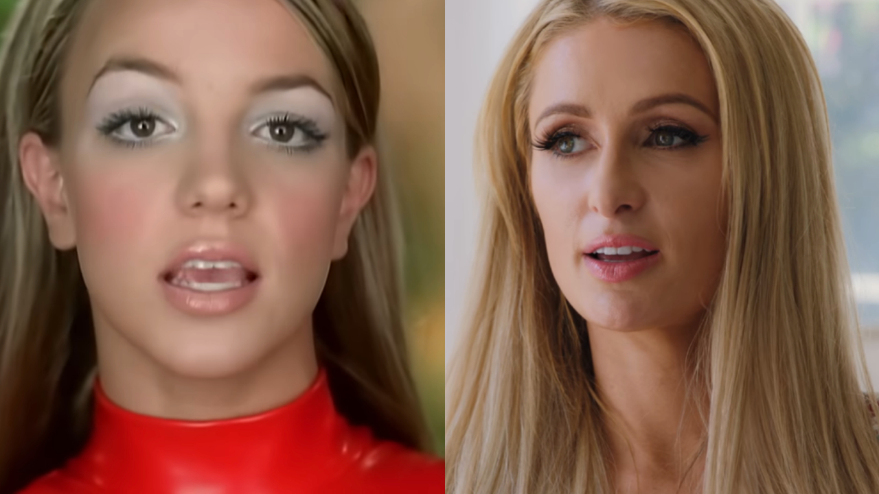 Britney Spears in a red bodysuit from "Oops I Did It Again" Music Video, Paris Hilton in her documentary, This Is Paris.