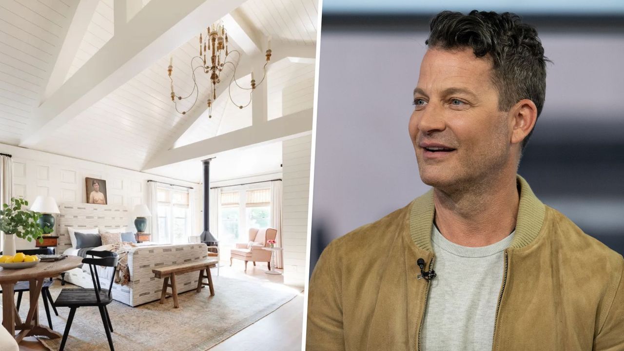 neutral open plan bedroom and headshot of Nate Berkus