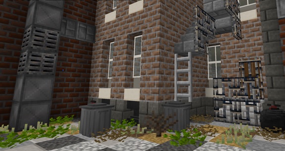 Minecraft texture pack - Harkenburg City: the back alley of a brick building with a fire escape and trash bins