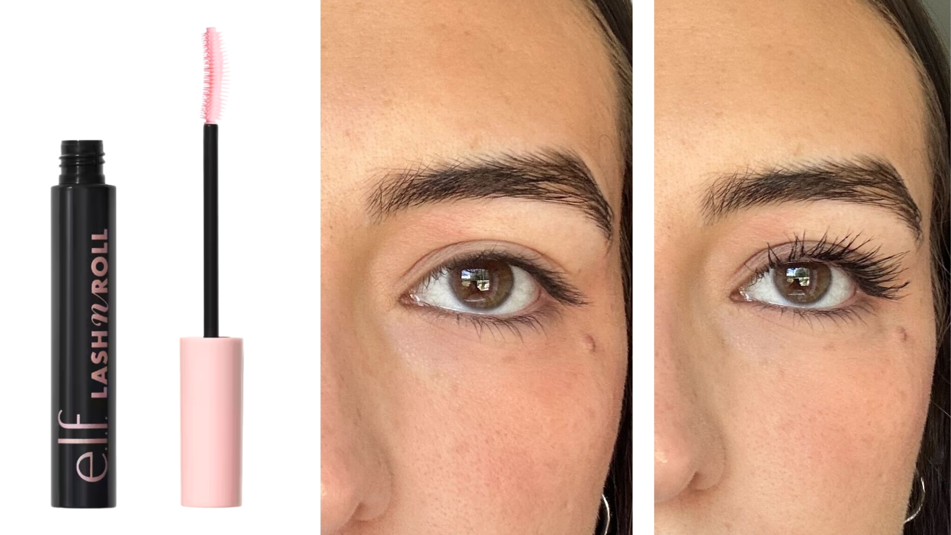 On the left, is a product shot of the e.l.f Lash N Roll mascara on a white background, followed by a close-up, before and after picture of Digital Beauty Writer, Sennen Prickett&#039;s eyelashes with and without the e.l.f mascara applied