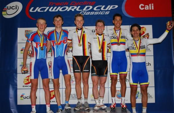 Men's madison podium: Artur Ershov/Valery Erkov (2nd, Lokomotiv Russia), Marcel Barth/Erik Mohs (1st, Germany) and Carlos Ospina Hernandes/Carlos Uran Arroyave (3rd, Colombia)