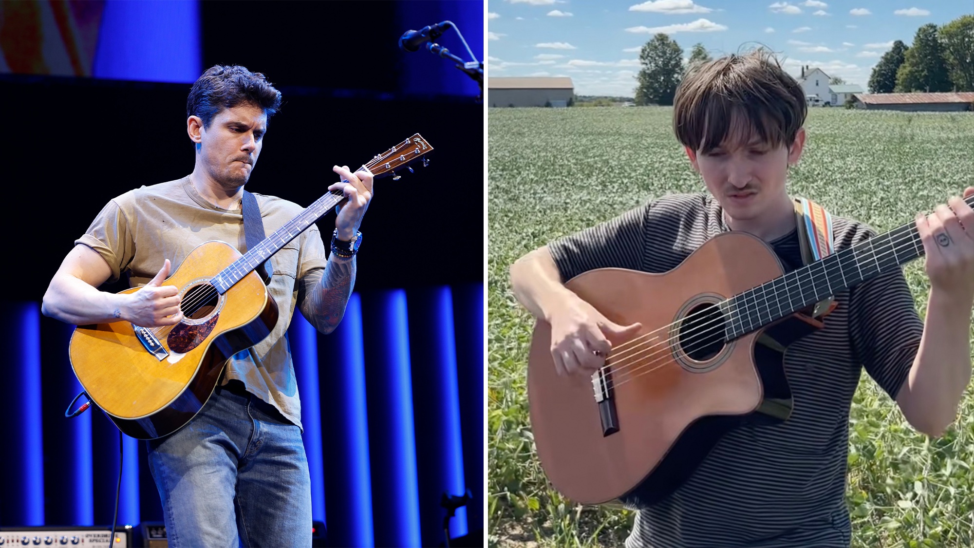 John Mayer performs at the Bridgestone Arena in Nashville, Tennessee on March 24, 2023 (left), Hudson Freeman performs his song, If You Know Me, in a field in southern Indiana