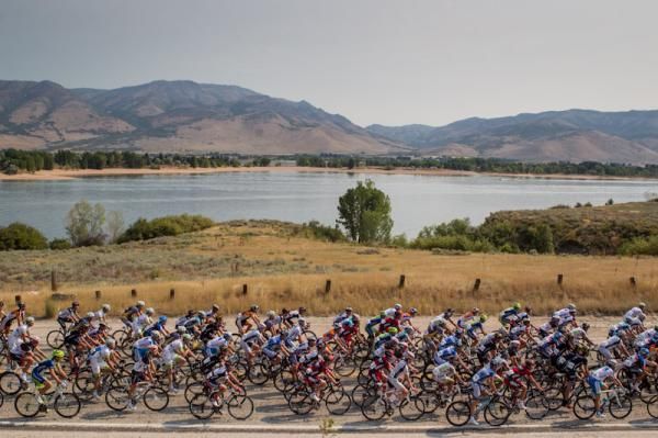 The peloton rides along the Pineview Reservoir.