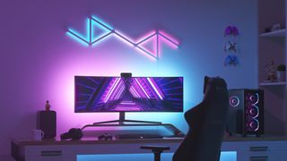 Nanoleaf Lines mounted on wall behind gaming monitor