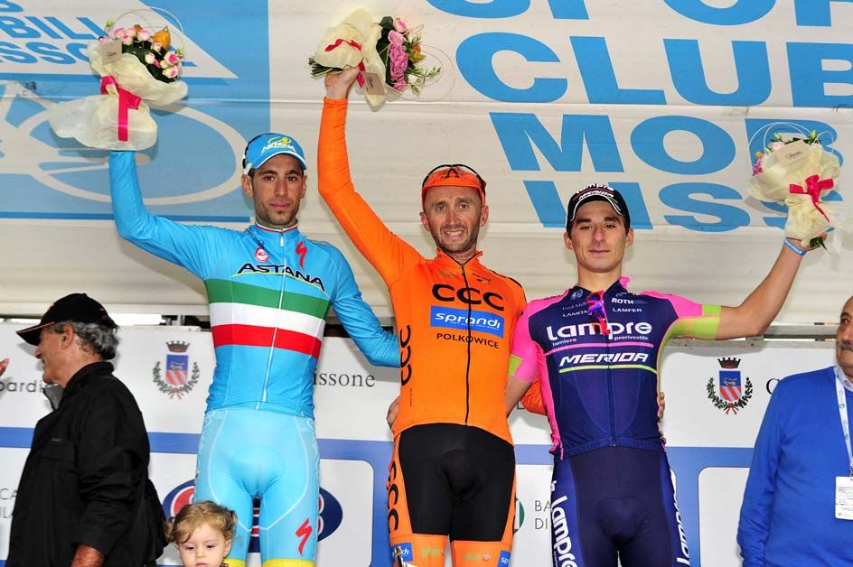 The top three Davide Rebellin, Vincenzo Nibali and Niccolo Bonifazio