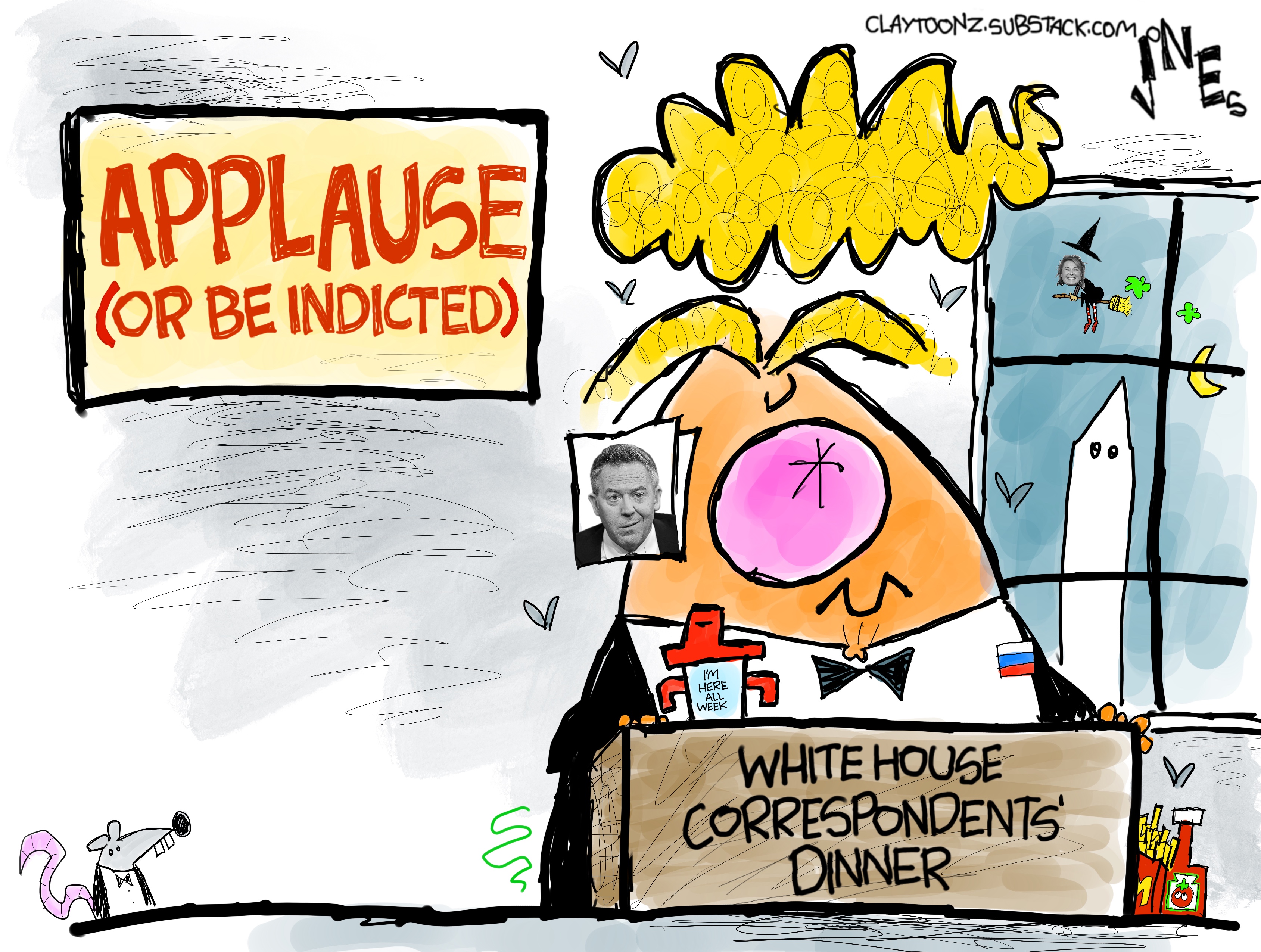 Donald Trump speaks from a podium at the White House Correspondents&amp;rsquo; Dinner. There&amp;rsquo;s an &amp;ldquo;APPLAUSE&amp;rdquo; sign behind him that reads: &amp;ldquo;Applause (or be indicted).&amp;rdquo;