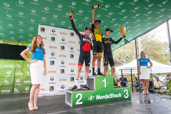 The top three for stage 6 of the 2018 Tour of Utah take to the podium: BMC's Brent Bookwalter, stage winner Sepp Kuss (LottoNL-Jumbo) and Jack Haig (Mitchelton-Scott)