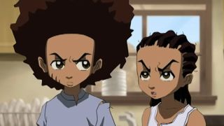 Huey and Riley Freeman talking to Granddad after an epic fight on The Boondocks