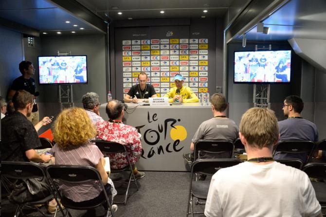 Vincenzo Nibali answers the press' questions with the aide his translator, Jeff Quenet