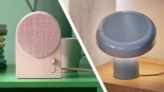 IKEA's NATTBADD bluetooth speaker in pink against a green background, next to its BLOMPRAKT speaker on a table