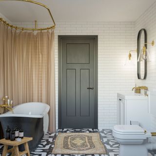 Bathroom with overbath shower, patterned floor and white walls