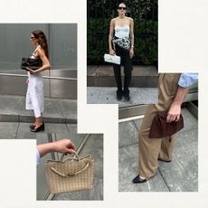 A collage of photos of Eliza Huber and Kristen Nichols wearing various Bottega Veneta intrecciato bags, including the Andiamo and the Dustbag.