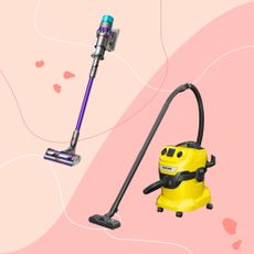 Dyson Gen5detect Absolute and Karcher WD4 wet and dry vacuum cleaner on pink background