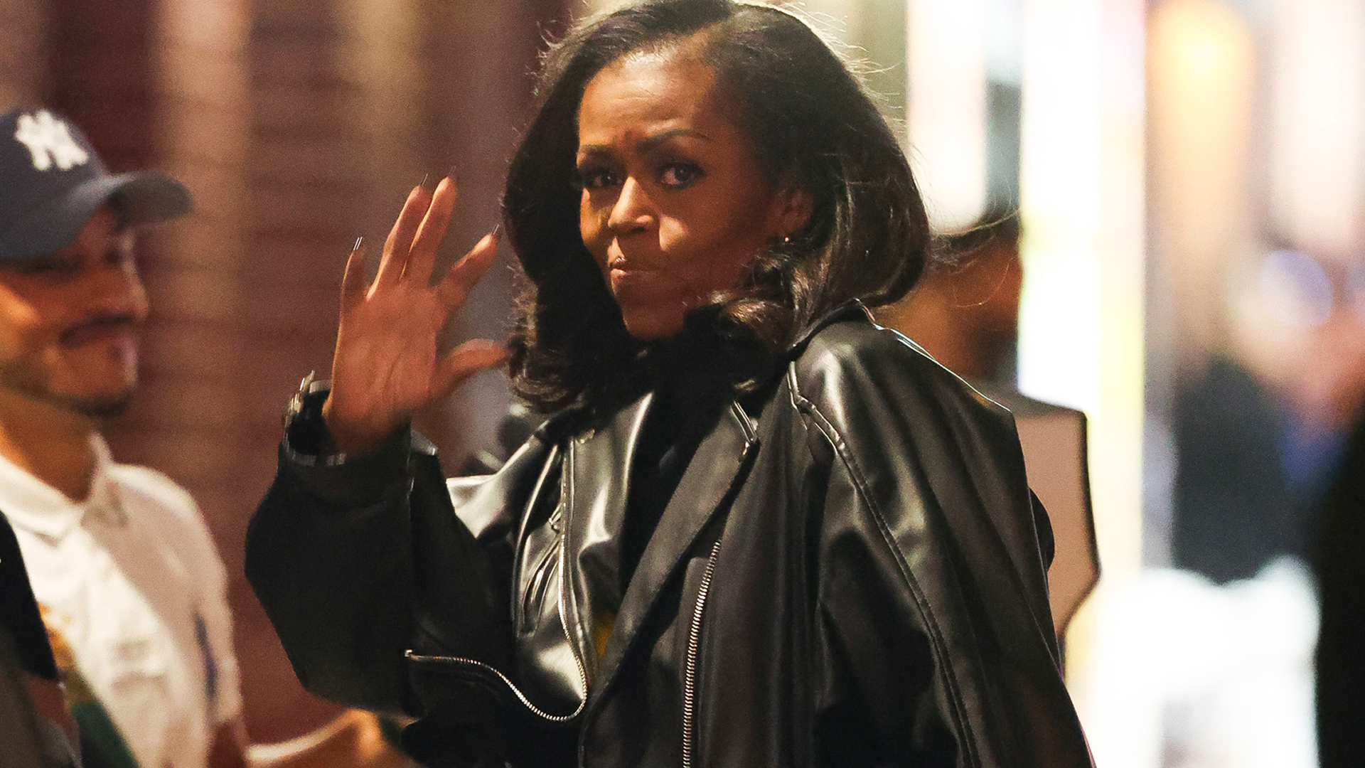 Michelle Obama visited the Late Show with Stephen Colbert in a leather jacket and matching pointy boots