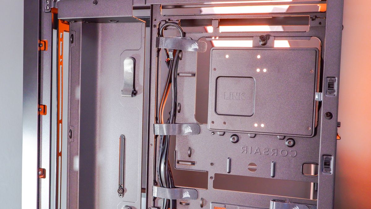 A Corsair Frame 4000D case with various features designed for both Corsair's own iCUE ecosystem and for the benefit of system builders.