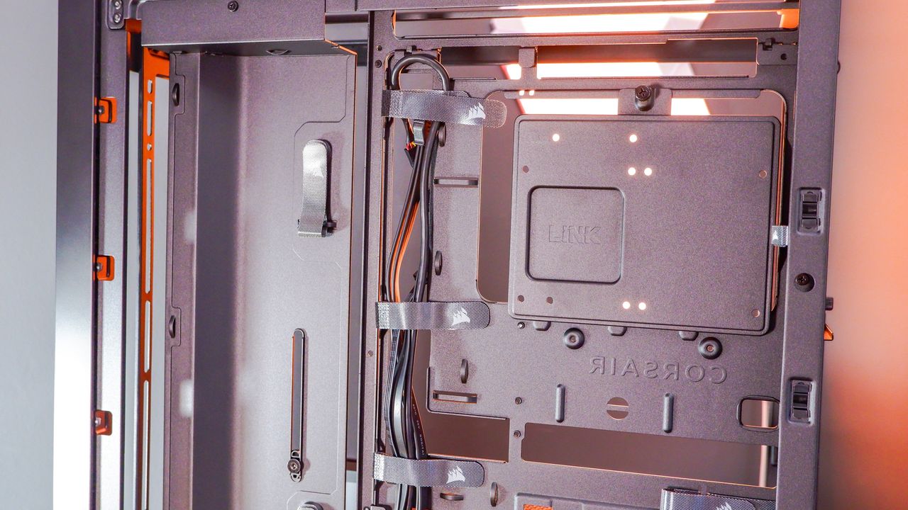 A Corsair Frame 4000D case with various features designed for both Corsair's own iCUE ecosystem and for the benefit of system builders.
