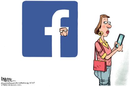 Political cartoon U.S. Mark Zuckerberg Facebook data privacy scandal Cambridge Analytica spying