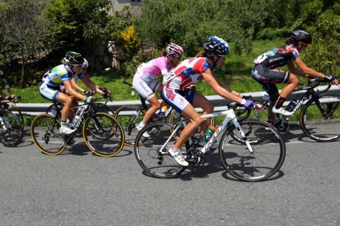 Mara Abbott (United States) rides next to Marianne Vos (Rabo Women) and Evelyn Stevens (Specialized - lululemon)