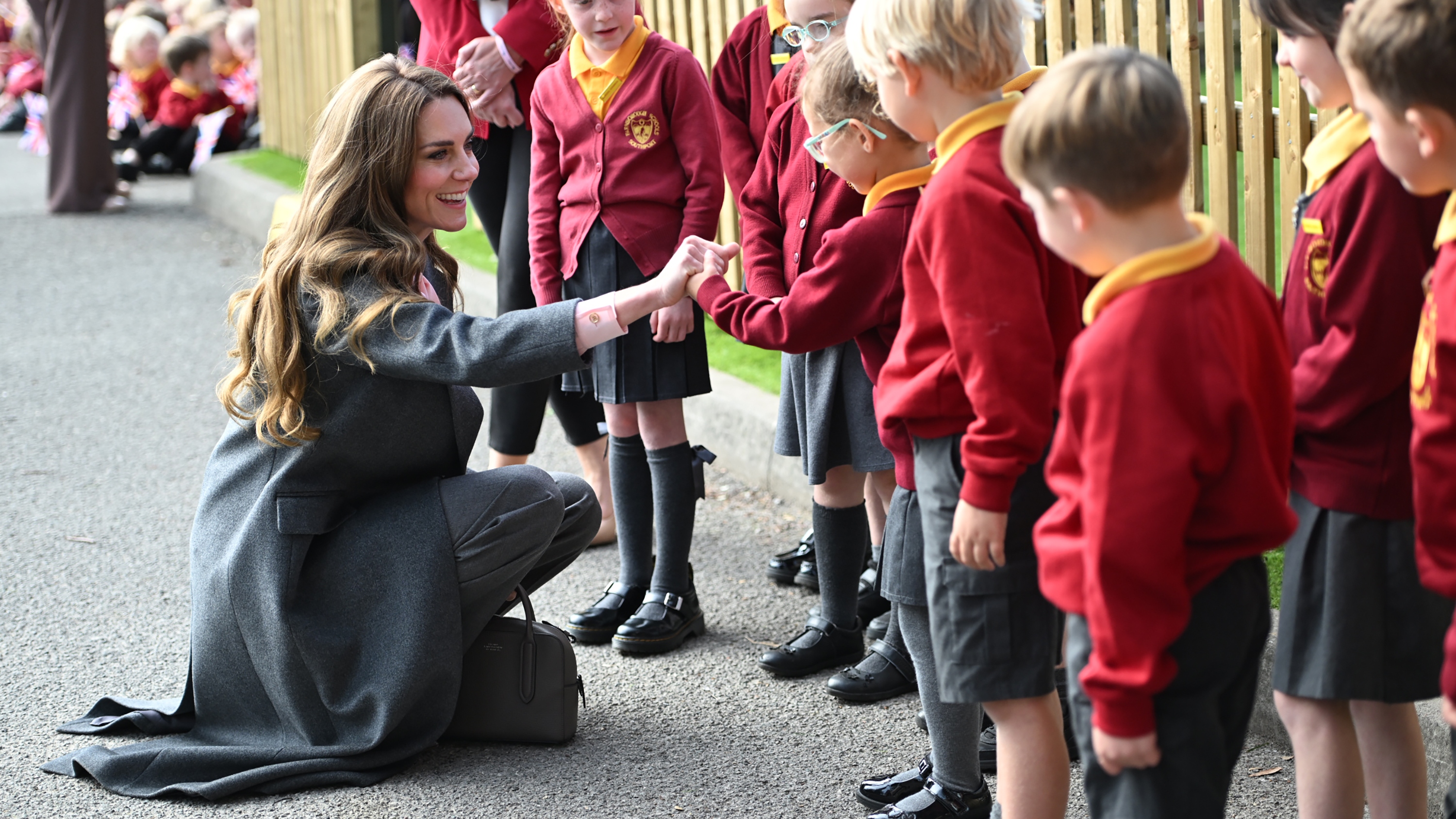 Catherine, Princess of Wales meets school children during a visit to Farnborough Road Infant and Junior School on September 23, 2025 in Southport