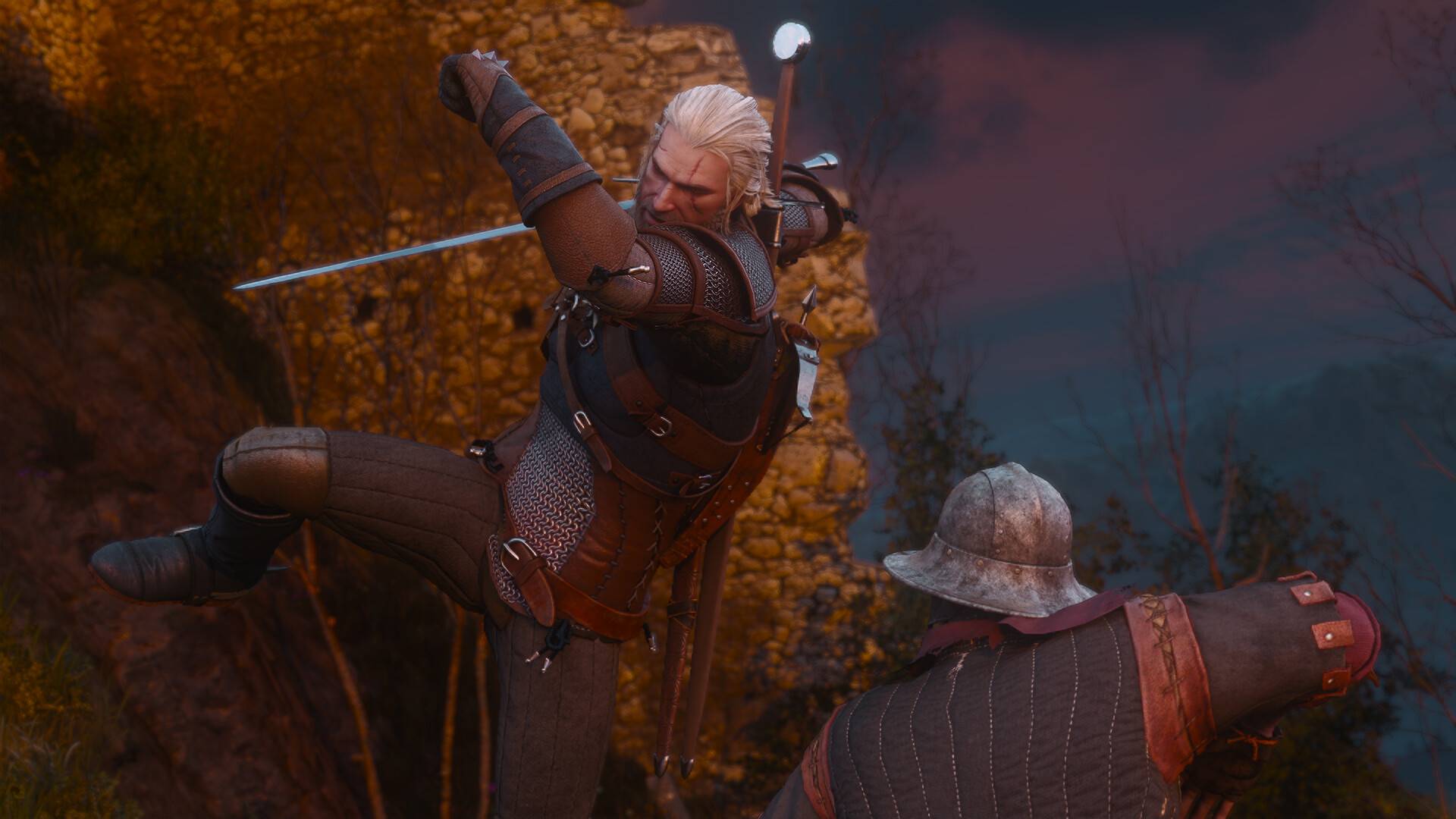 Geralt attacking a person in The Witcher 3 Remastered.