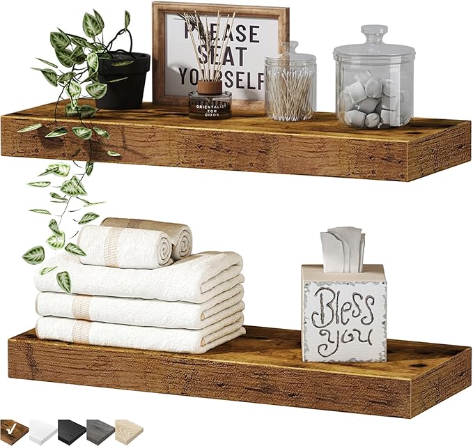 QEEIG, Qeeig Bathroom Floating Shelves for Wall Mounted Shelf Over Toilet Farmhouse Home Decor Display Shelving Small 16 Inch Set of 2, Rustic Brown (008-40bn)
