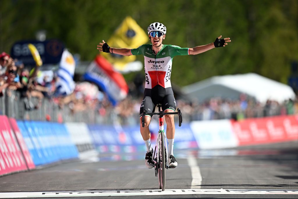 VAL DI ZOLDO PALAFAVERA ITALY MAY 25 Filippo Zana of Italy and Team Jayco AlUla celebrates at finish line as stage winner during the 106th Giro dItalia 2023 Stage 18 a 161km stage from Oderzo to Val di Zoldo Palafavera 1514m UCIWT on May 25 2023 in Val di Zoldo Palafavera Italy Photo by Stuart FranklinGetty Images