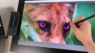 Hand using stylus to draw mask over the eyes of a fox on the Xencelabs Pen Display 24+