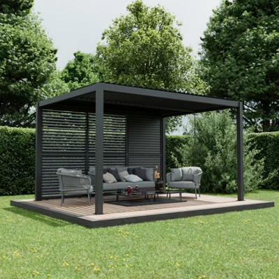 Agadon Aluminium Pergola Set 300x400 Cm Dark Grey With 3x Louver Wall 123 Cm
