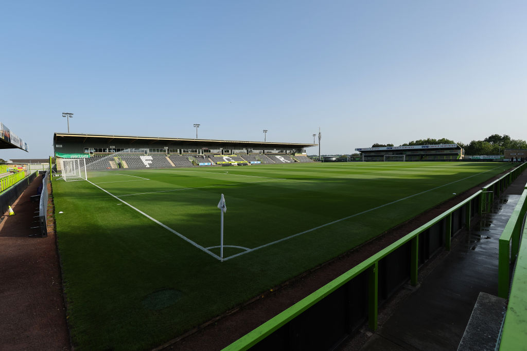 NAILSWORTH, ENGLAND - SEPTEMBER 5: A general view of The New Lawn Stadium home of Forest Green Rovers. Following the investment of new chairman and eco-tycoon Dale Vince, and his company Ecotricity, The New Lawn employs a number of eco-friendly features designed to help make the stadium one of the most environmentally sustainable football stadiums in the world. The playing surface features as the world&amp;amp;apos;s first organic football pitch, local farmers use the grass cuttings from the stadium to condition their soil plus the stadium is the first meat-free football stadium in the country after the club changed to an environmentally sustainable menu in February 2011 during the EFL Trophy game between Forest Green Rovers and Shrewsbury Town at The New Lawn on September 5, 2023 in Nailsworth, England. (Photo by Matthew Ashton - AMA/Getty Images)