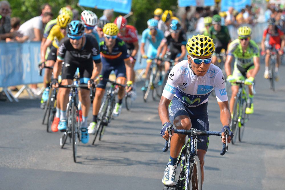 Nairo Quintana attacks the GC group during stage 14.