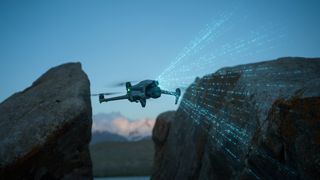 DJI Air 3S in flight at night with graphic impression of the LiDAR in action